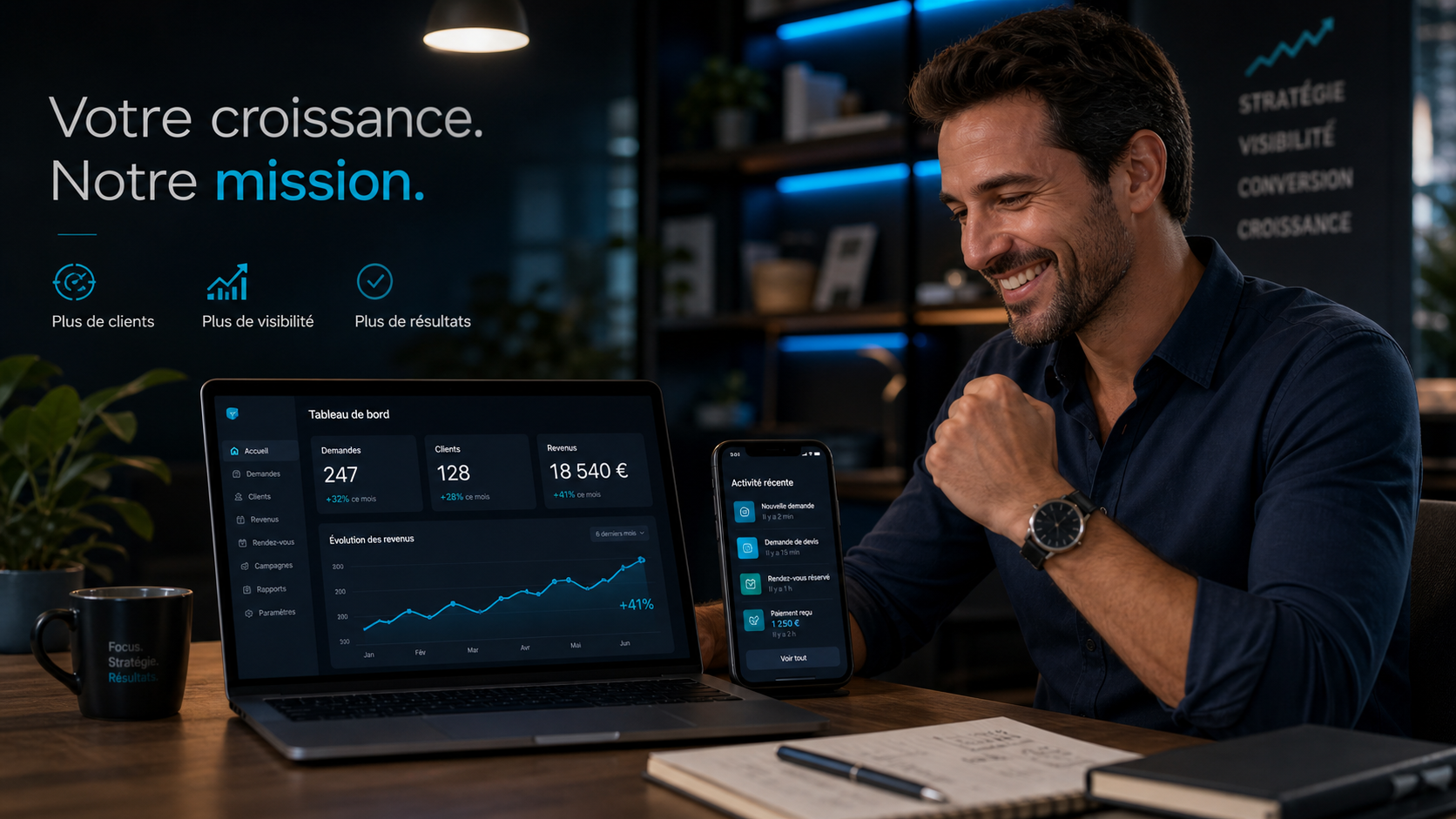 Entrepreneur satisfait consultant un tableau de bord QuantumOps avec demandes clients, revenus et croissance