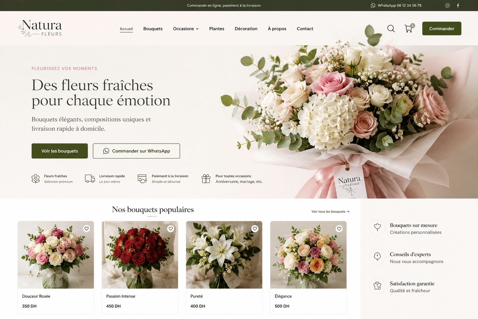 Capture reelle d'un site premium pour boutique de fleurs