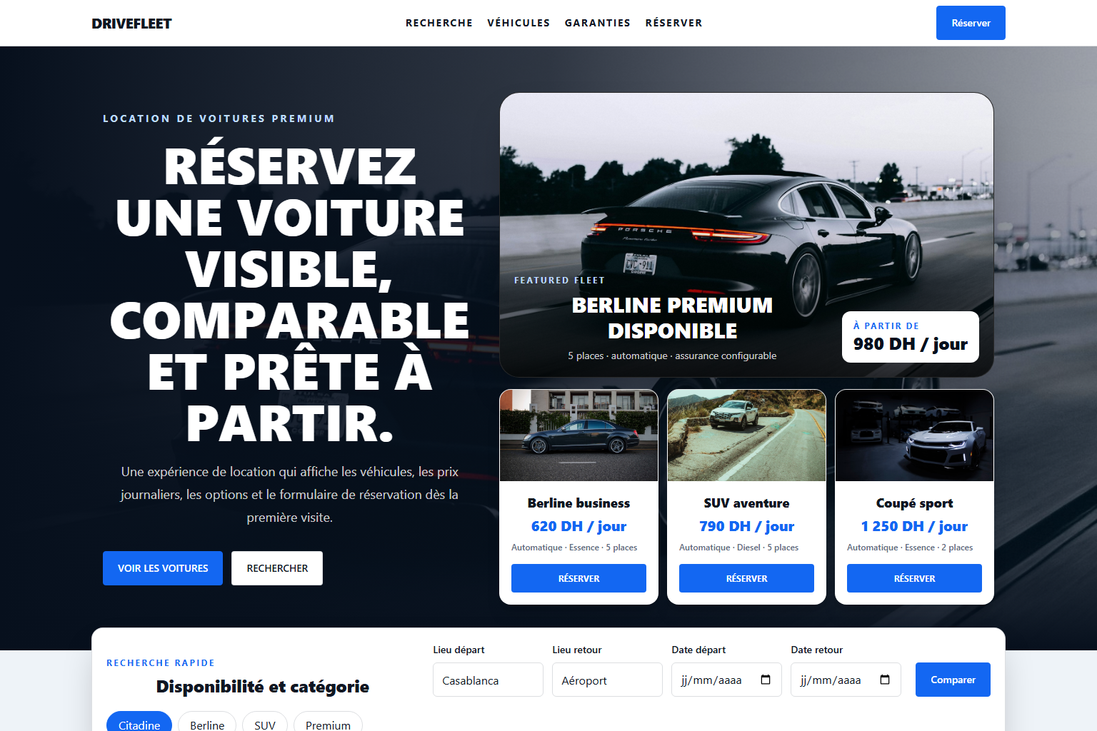 Capture réelle de la démo Location de voitures